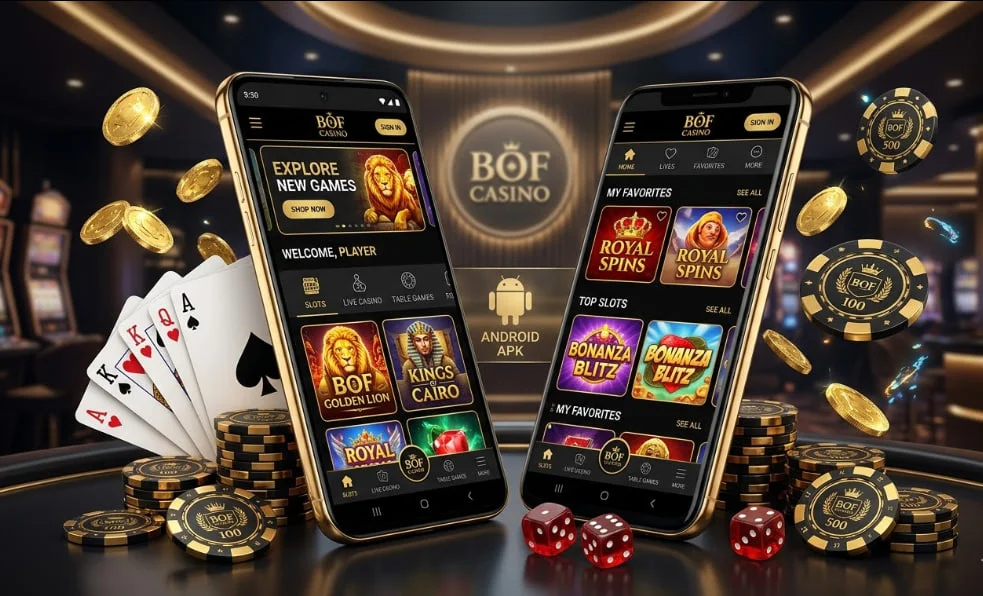 Two smartphones with Bof Casino app, chips, cards, coins, dice.