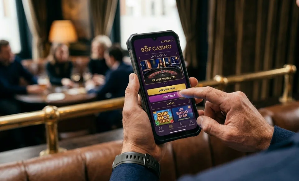 Close-up of a man using the Bof Casino UK mobile app on a smartphone to join a Live Roulette table in a luxury lounge setting.