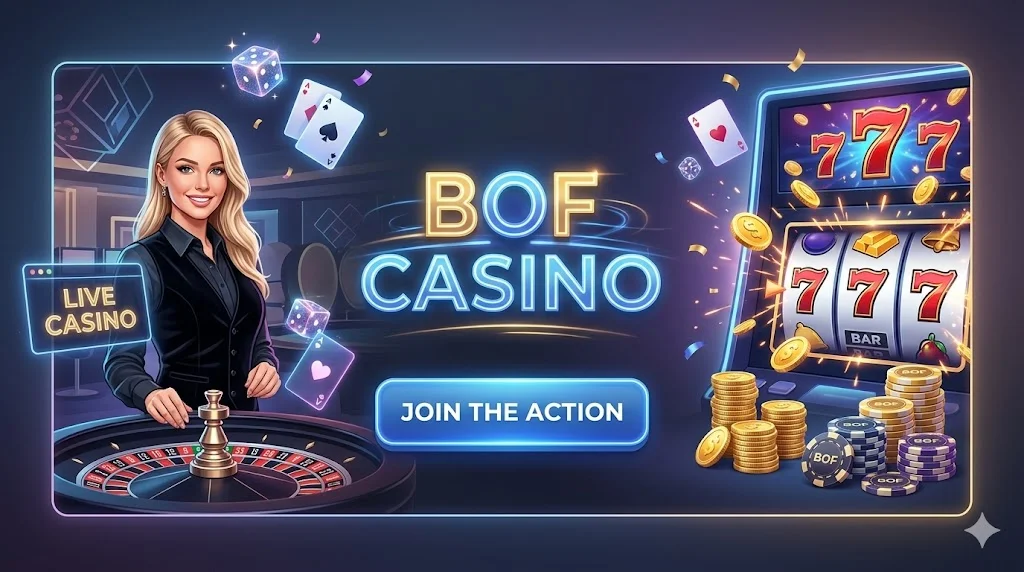 Bof Casino horizontal banner featuring a female dealer at a roulette table, neon "BOF CASINO" branding